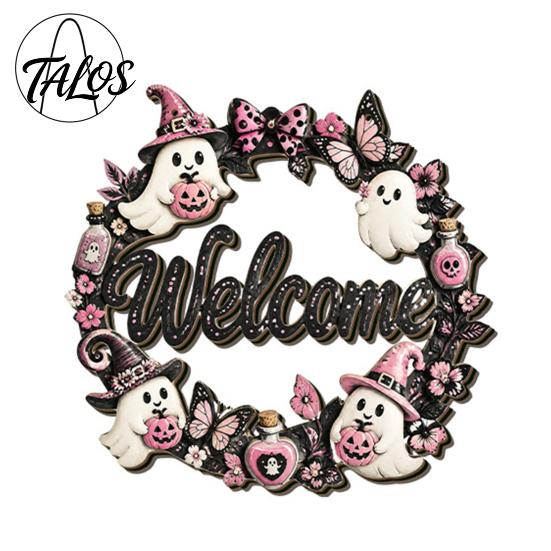 Fall Wall Hanging Ornament Halloween Pumpkin Ghost Wooden Welcome Door Hanger Sign, Cute with Bell Theme Plaque Rope, Decor for Indoor Outdoor