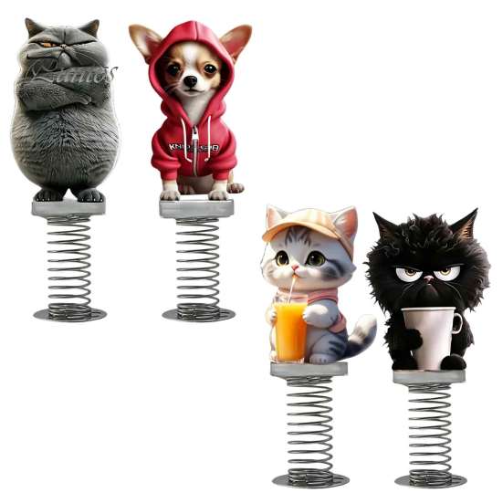 Durable Acrylic Car Ornament Gifts Cute Cat/Dog Dashboard Ornaments, 2D Flat Decorations Spring Swaying Ornaments with Self Adhesive Swing Base