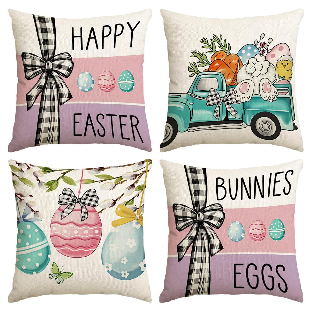 4Pcs Spring Easter Happy Pillowcase, Bow, Cute Rabbit, Plant Flowers, Easter Egg Printed Decorative Sofa Cushion Cover