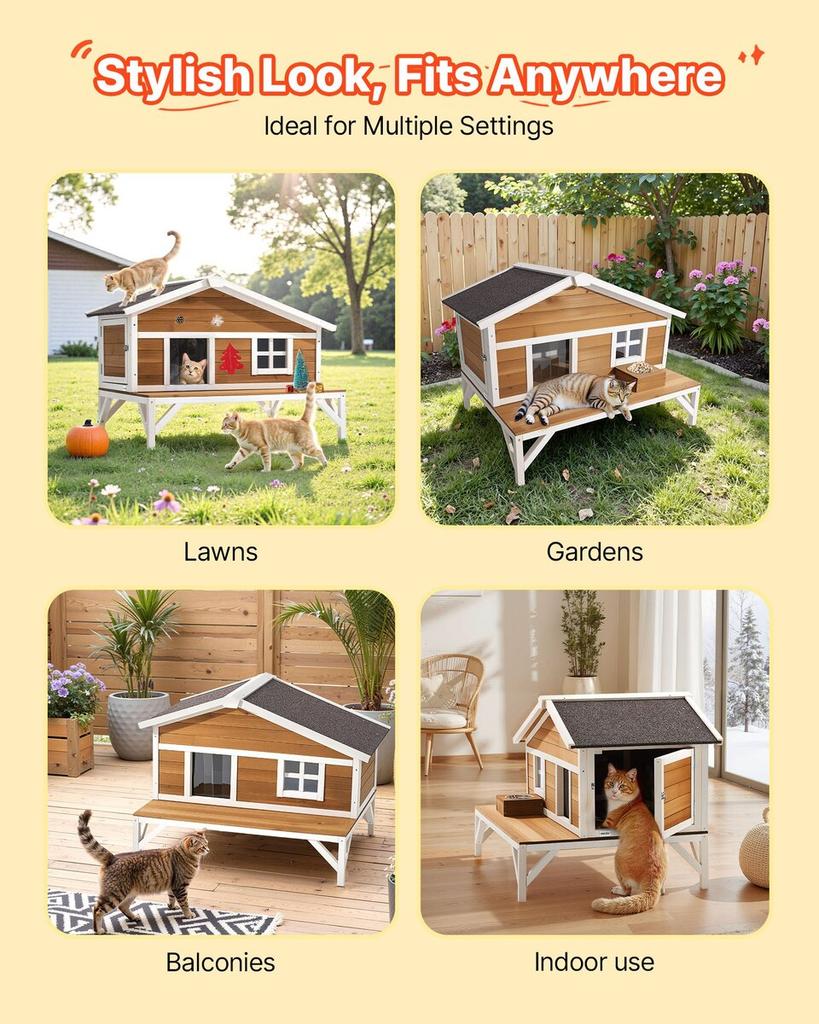 Insulated Cat House, All-Around Foam Insulation Elevated Cat Shelter, Wooden Feral Kitty Shelter with Large Platform, Waterproof Cats Condos for