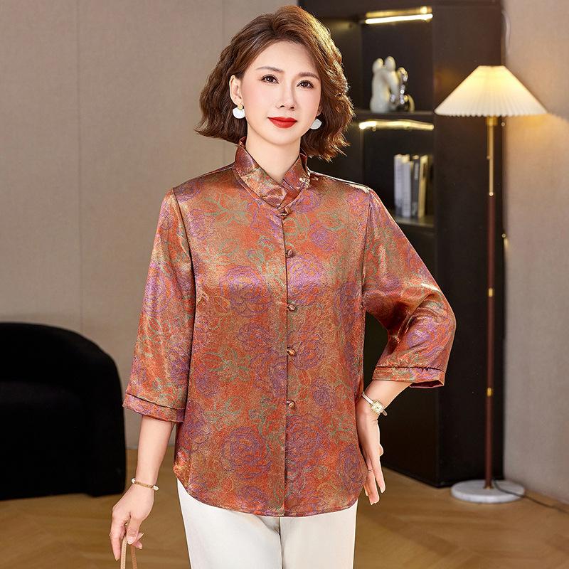 

2026 Ethnic Style Outfit for Mature Women: Tummy-Concealing, Youthful, Versatile Three-QuarterSleeve Blouse 2XL (100-115 kg recommended) оранжевый
