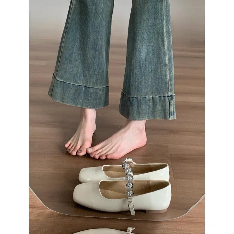 

Туфли Мэри Джейн на плоской подошве с французской пряжкой-однословкой из страз, весна 2025, новые универсальные лакированные туфли-лодочки с мелким вырезом 39