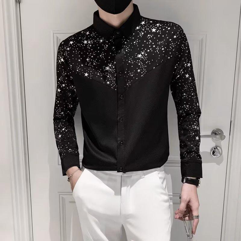 

Men s Plus Size Shirt Long Sleeve Standing Collar Shirt Slim Printed Business Shirt Party Shirt 3XL