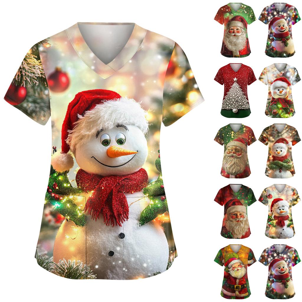 Damen Modische V-Ausschnitt Arbeitskleidung Weihnachten Bedruckt Kurzärmlig Tasche Seitenschlitz Arbeitskleidung Basic Pullover Top