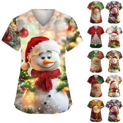Women's Fashionable V-neck Workwear Christmas Printed Short Sleeved Pocket Side Slit Workwear Basic Pullover Top