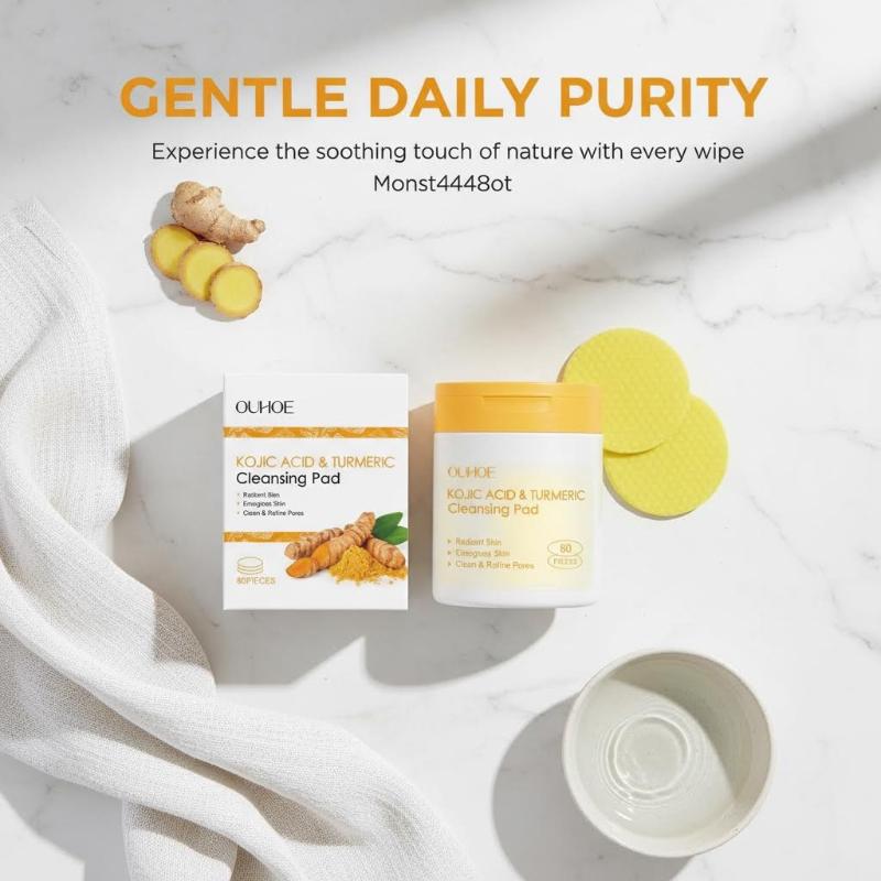 Ouhoe Turmeric Kojic Acid Exfoliating Cleansing Pads Fade Dark Spot Oil Brightening Moisturizing Whitening Facial Sponges