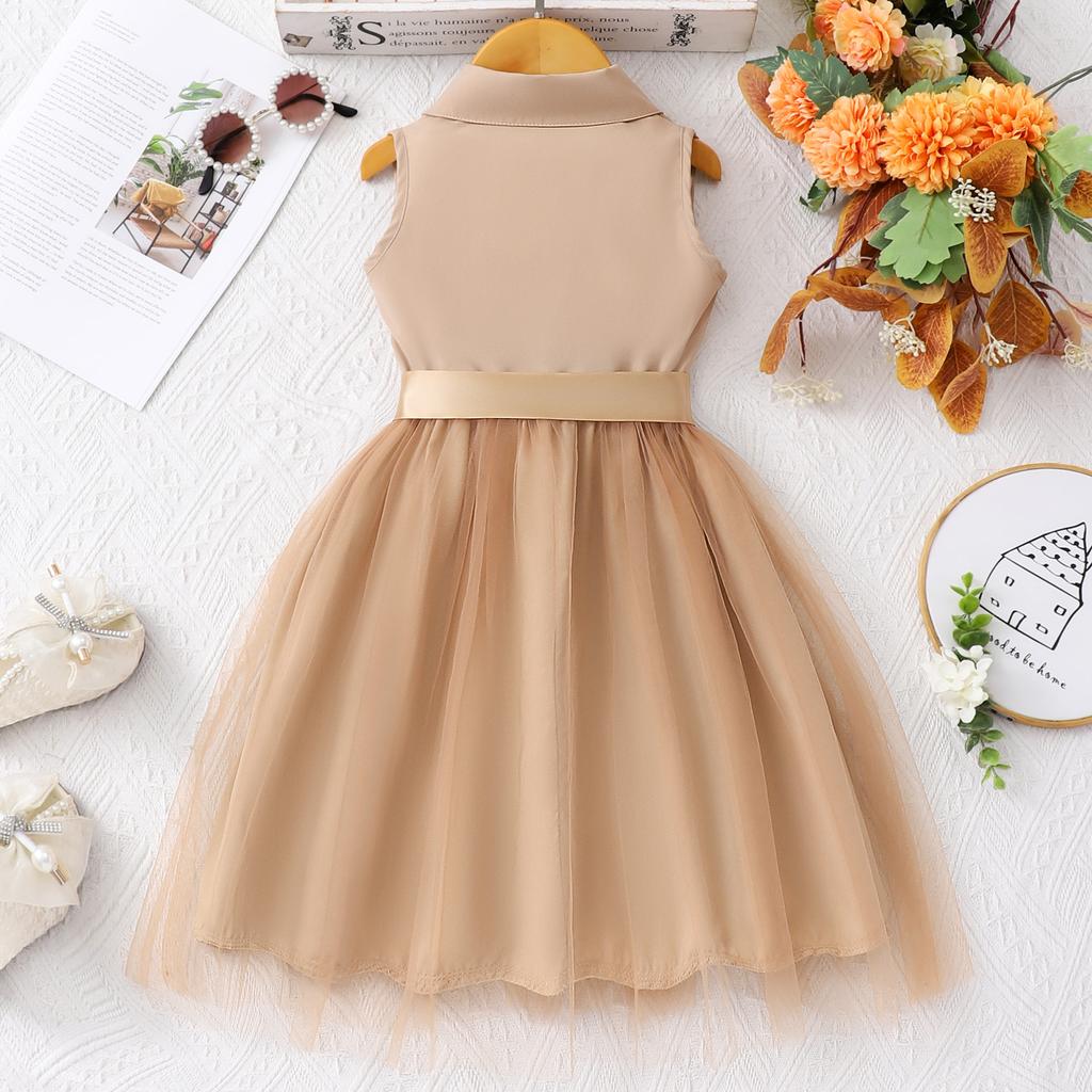 Mädchen (Größe) Kleid, Einfarbiges ärmelloses Revers-Netzkleid mit gewebtem Gürtel