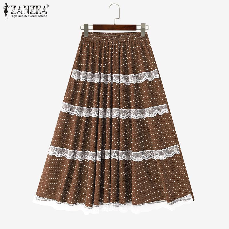ZANZEA Damen Sommer Elastischer Bund Locker Lässig Spitze Einsatz Polka Dot Röcke