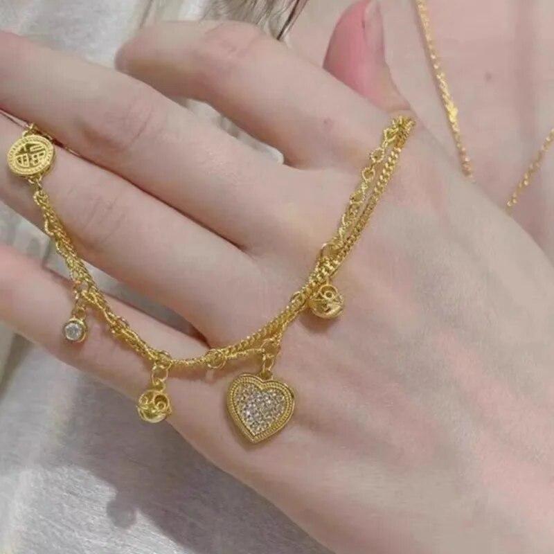 ANENJERY Gold Color Love Heart Zircon Pendants Bracelet Double Layer Chain Charm Valentine's Day Jewelry Gifts For Women Lovers