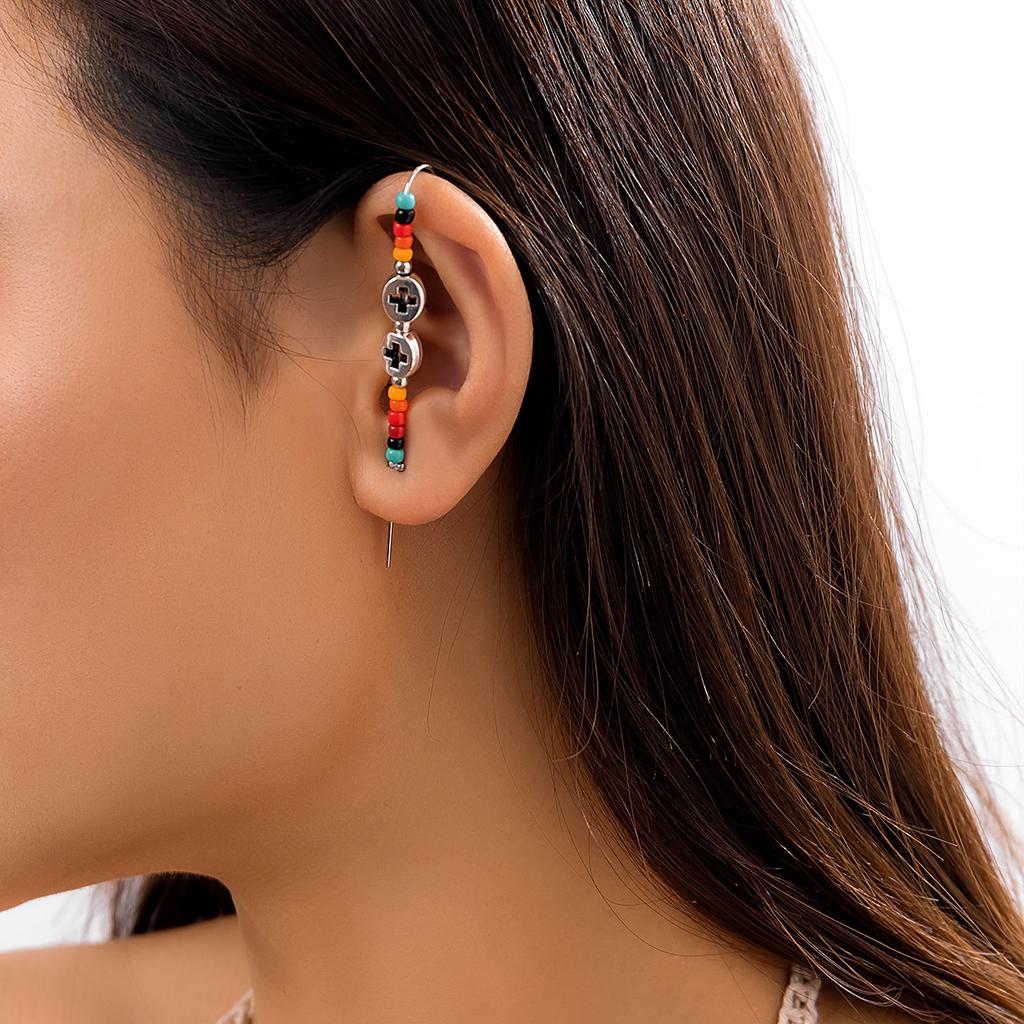 Creative National Rainbow Ear Bone Clip No Pierced Ear Clip, Rice Bead Alphabet Beaded Earrings Female