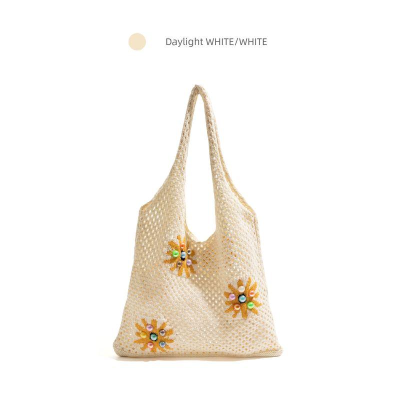 

Ckkui Mori Artistic Style Daisy Woven Bag Pastoral Idle Style Knitting Hollow Bag Handbag Shoulder Bag Daylight White