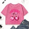 Confidence Looks Cute On Me Pink Cherry Print Women Washed T-Shirts Slim Cotton Tops Street Casual Sportswear T Shirt