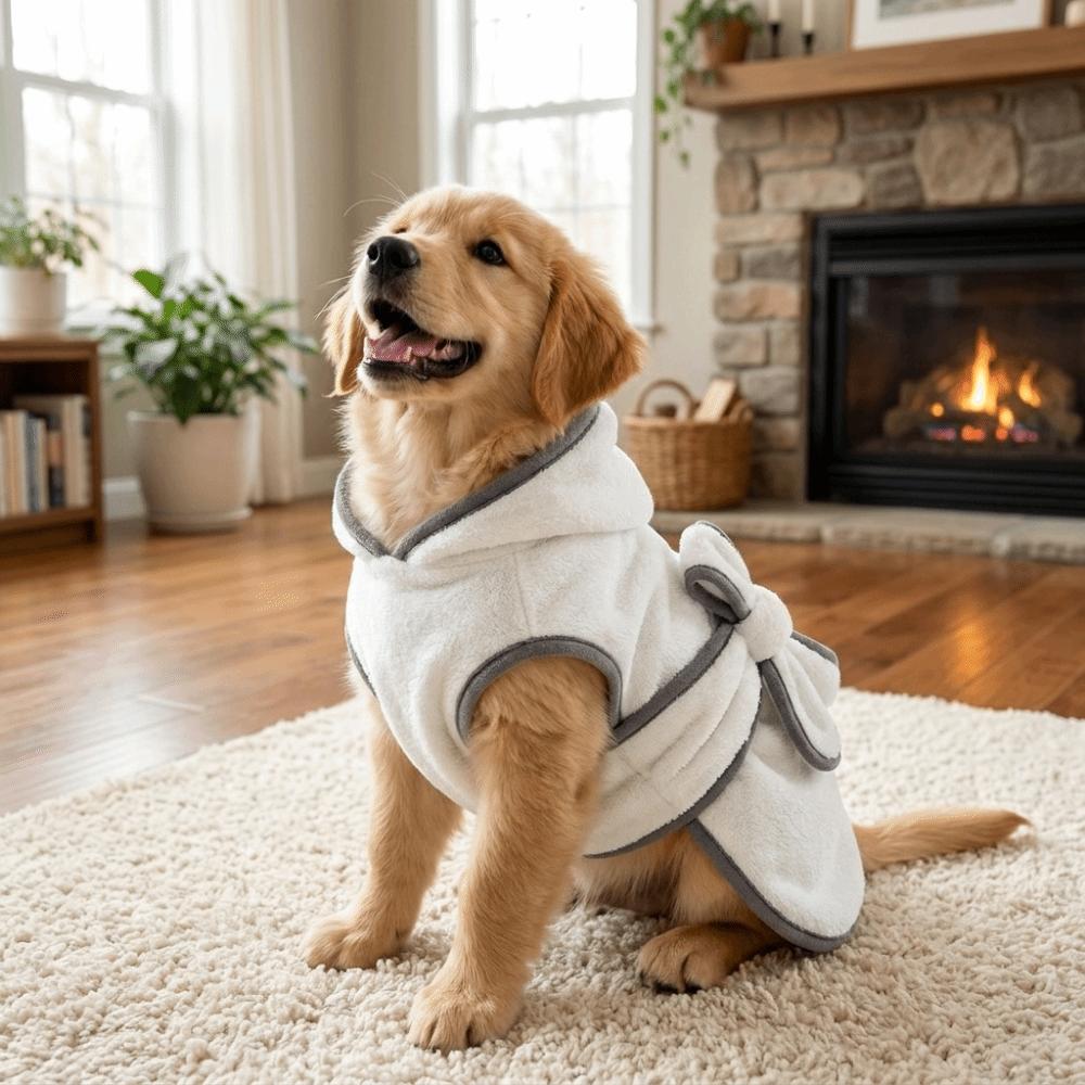 Pet Pajamas Coral Fleece Pet Bathrobe Towel Absorbent Tie Up Style Dog Bath Robe Hooded Comfortable Dog Bath Towel Swimming