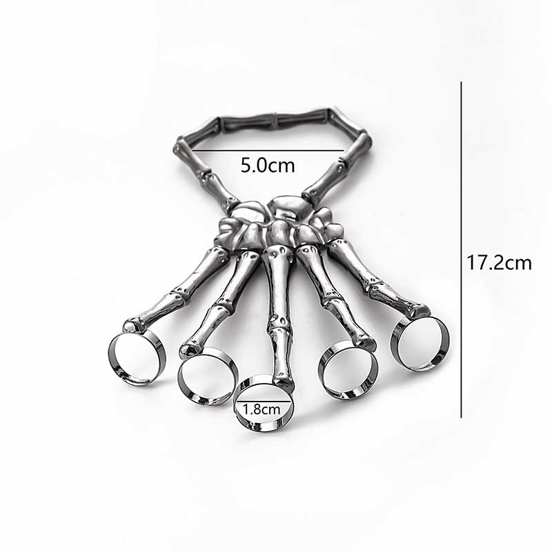 Hand Ornaments Fashion Personality Punk Skull Hand Bone Hundred with Five Fingers Ring Bracelet Adjustable One Chain