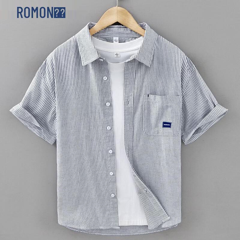 

ROMON Men s Japanese Style Striped Short Sleeve Cotton Shirt 3XL