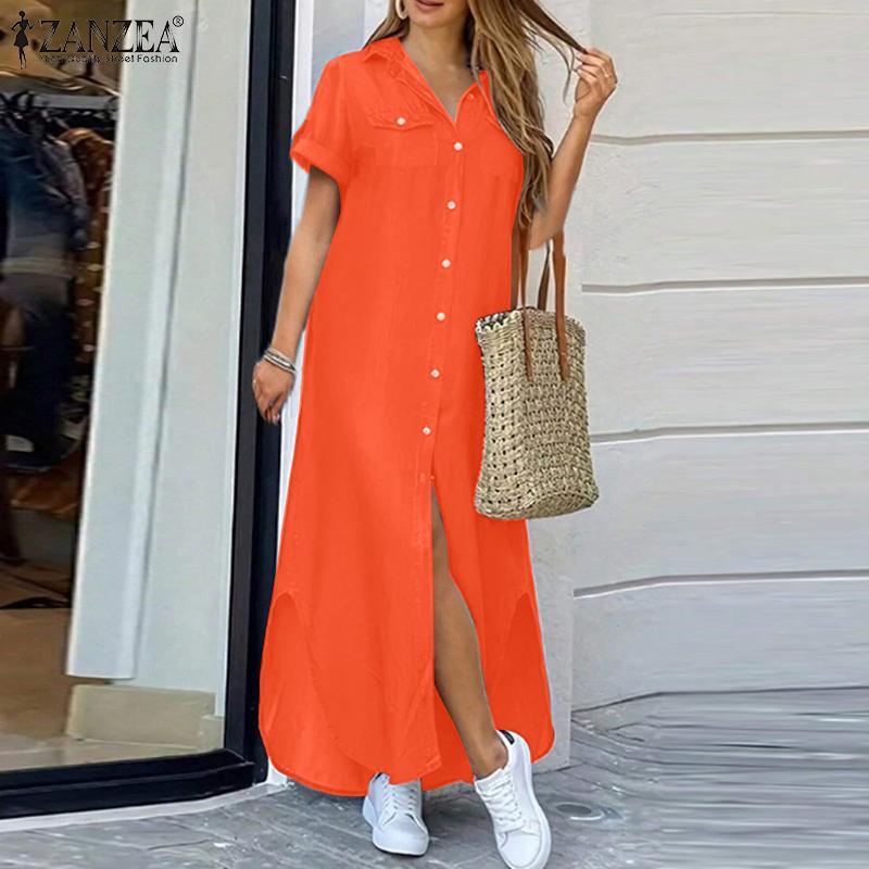 

ZANZEA Women Casual Turn Down Collar Loose Summer Short Sleeve Shirt Dress XL помаранчевий
