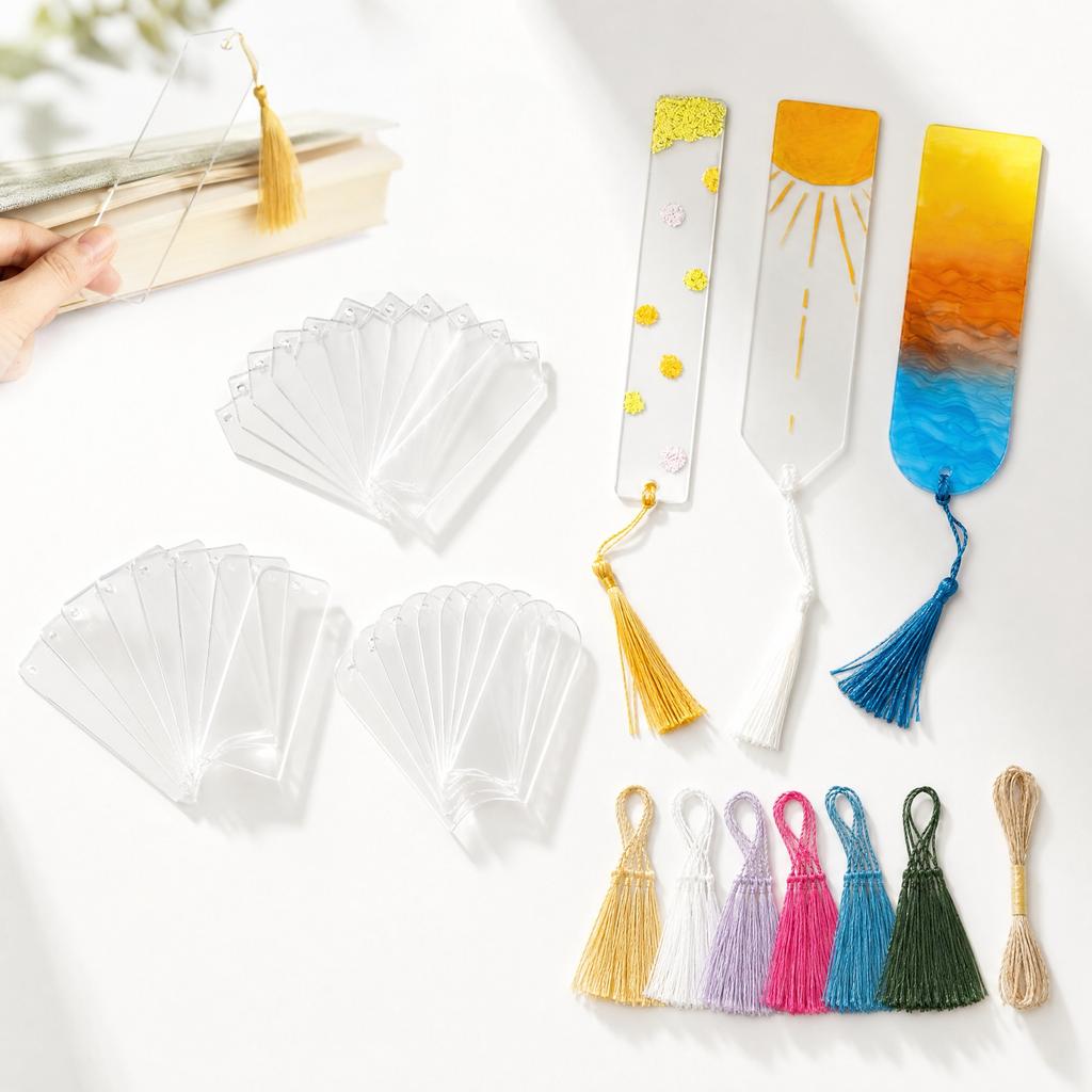 30 Stück Leere Klare Acryl-Lesezeichen mit Quasten, Kunststoff-Seitenmarkierer in Halbrund-, Rechteck- und Spitzformen, für DIY-Projekte und Geschenkanhänger