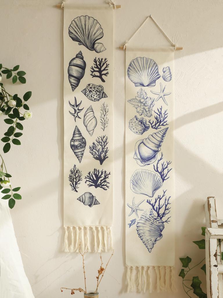 Boho Shell & Conch Wall Tapestry, White Hanging Decor Tapestries with Tassel, Beach Style Home Wall Art for Bedroom, Living Room