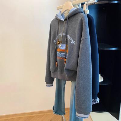 En retro hettegenser med hunde-broderi for kvinner i en løs og avslappet stil for høst og vinter, en kort topp for petite kvinner