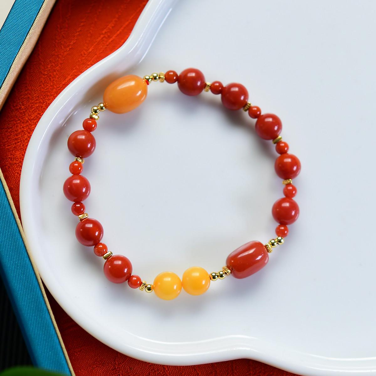 Chinese Retro Nan Hong Agate & Honey Wax 925 Silver Bead Bracelet 8mm