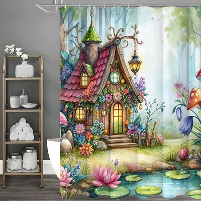 Forest Cabin Flower Plant Tree Lake Shower Curtain, Bathroom Decorative Shower Curtain, Waterproof Shower Curtain with Hooks