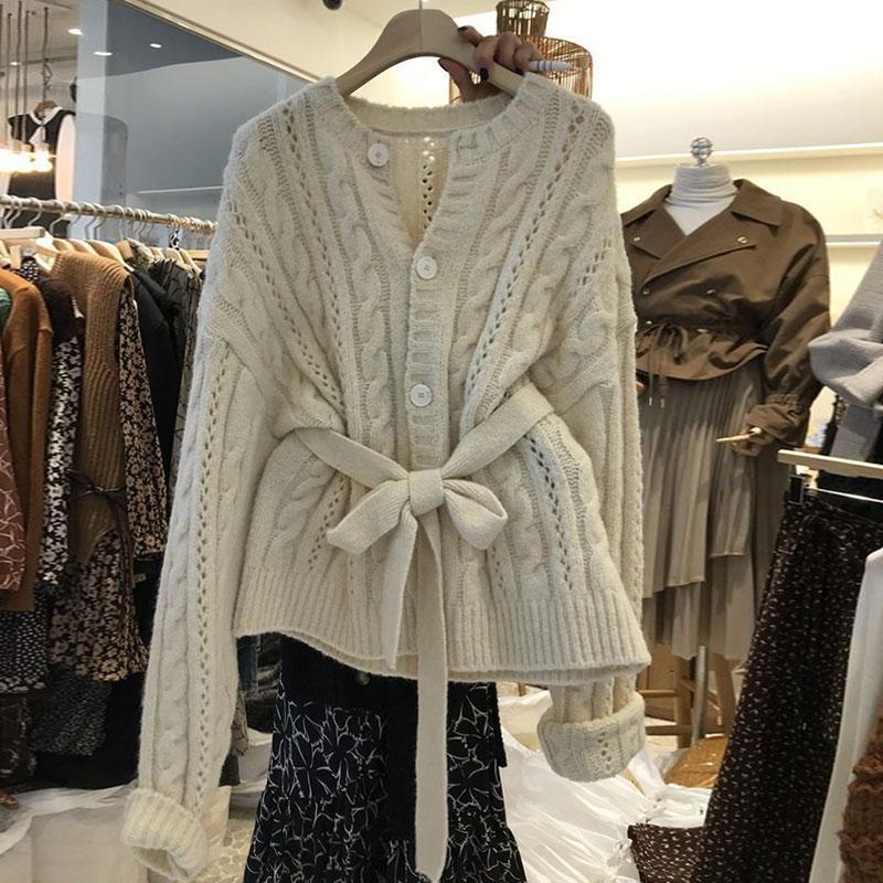 

Осенне-зимний свитер, пальто, женский, жареное тесто, перекрученный, на пуговицах, на талии, ленивый вязаный кардиган S