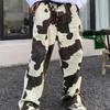 Men Autumn Cow Print Washed Denim Wide Leg Pocket Casual Jeans