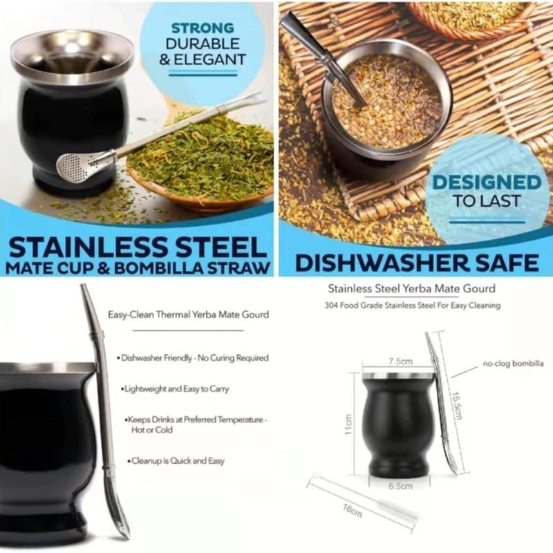 Stainless Steel Yerba Mate Cup 8oz Double Wall Yerba Mate Gourd with Spoon Straw Cleaning Brush for Home Office