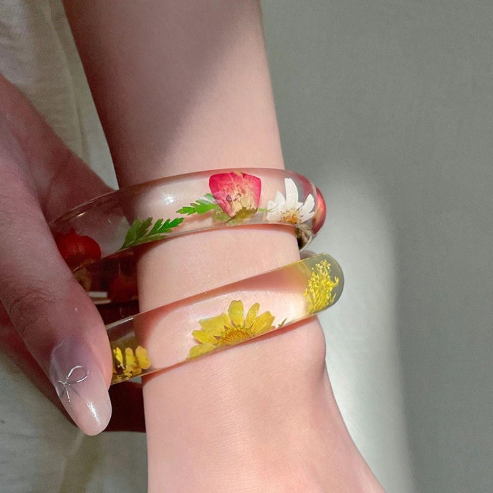 Resin Acrylic Bangle Wide Big Cuff Bangle Temperament Natural Dried Flower Bracelet  Decoration
