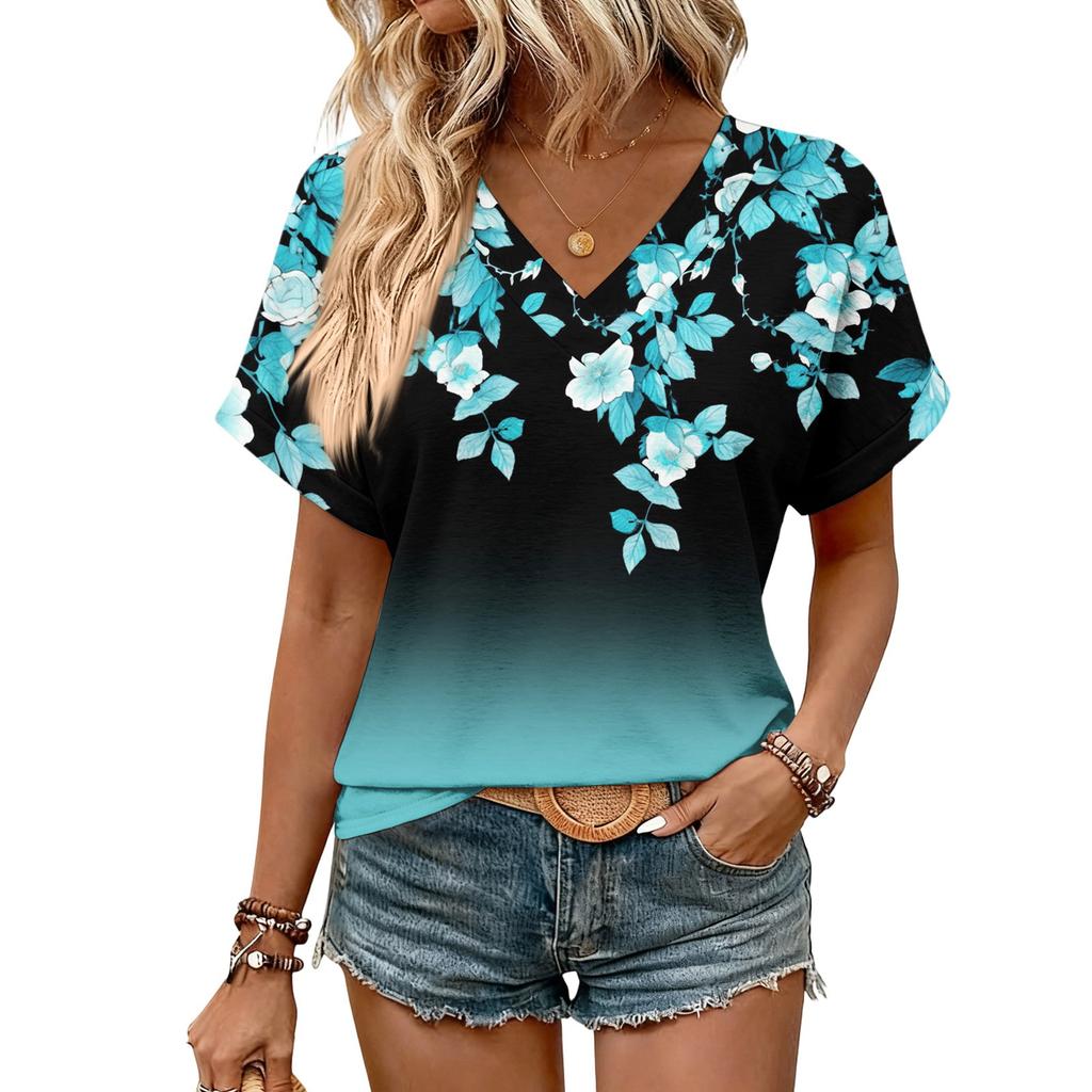 Damen Sommer Oberteile Kurzarm V-Ausschnitt Hemden Lässig Elegant Sommer Blusen Tunika Top