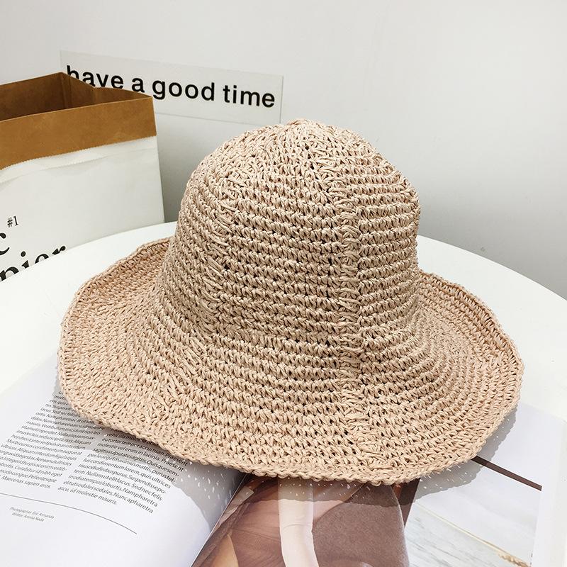 Wide Brim Straw Bucket Hat Classic Ruffle Crochet Summer Sun Hats Hollow Out Breathable Outdoor Travel Beach Hats for Women Daily Use