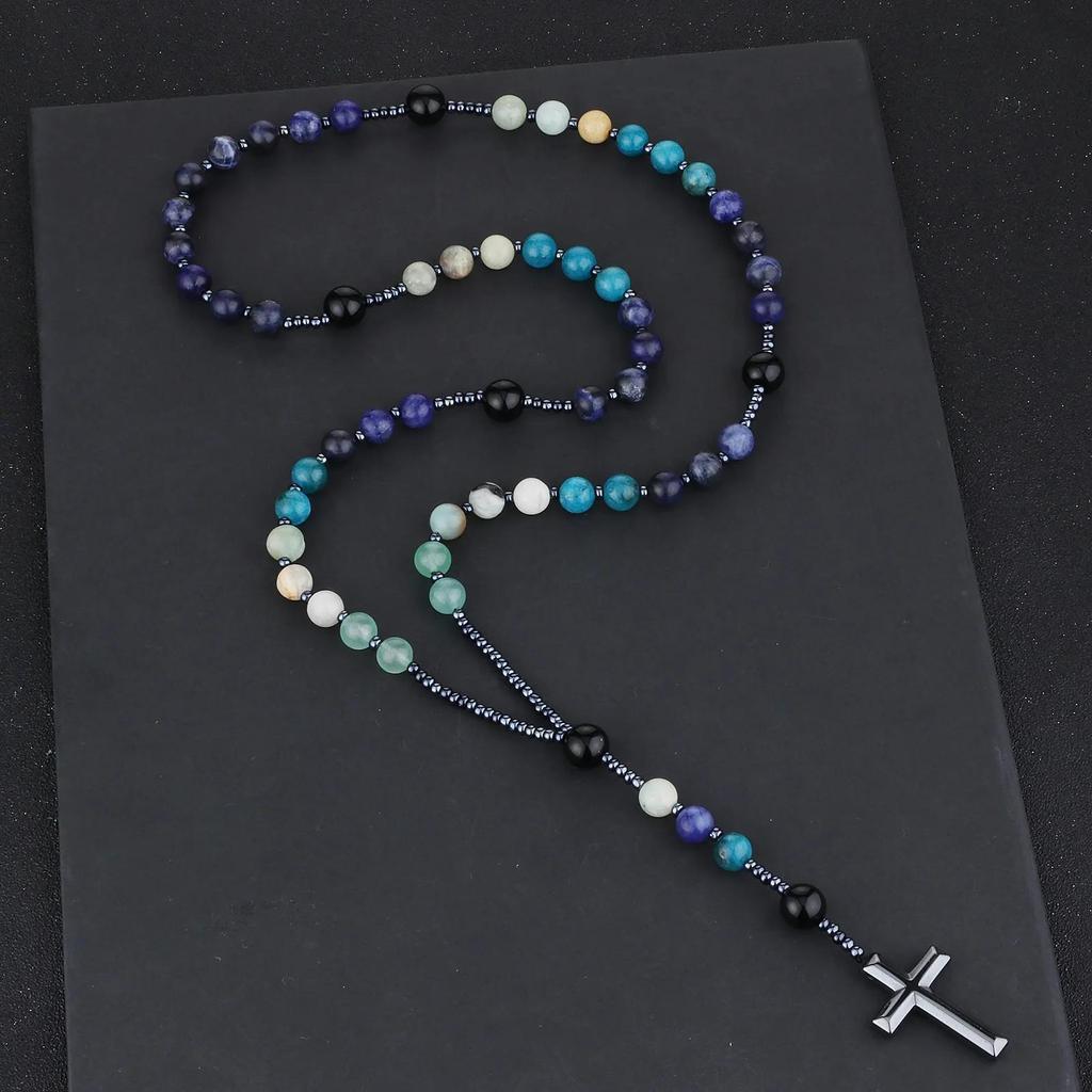 Natural Amazonite Stone Rosary Blue Apatite Black Agate Beads Necklace Hematite Cross Pendant Meditation Blessing Jewelry