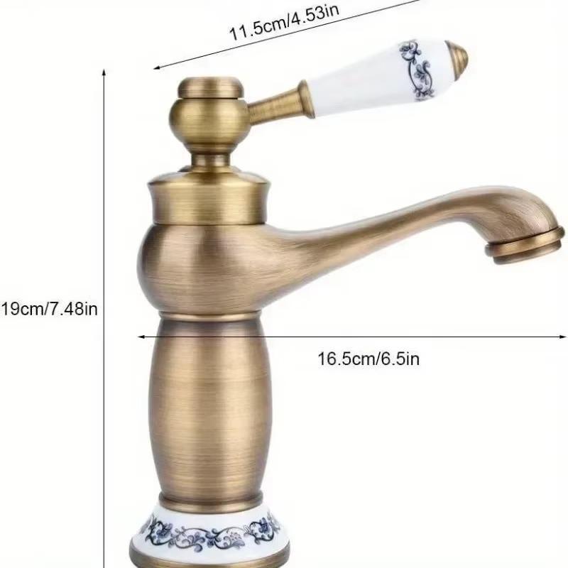 Vintage Antique Brass Faucet Blue and White Porcelain Long Neck Mixer Tap Bathroom/Kitchen Cold Hot Water Basin Sink Accessories