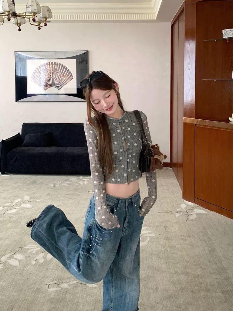 Spicy Girl Grey Polka Dot Long Sleeve Cropped T-Shirt for Women - Autumn Korean Style, Chic & Slimming