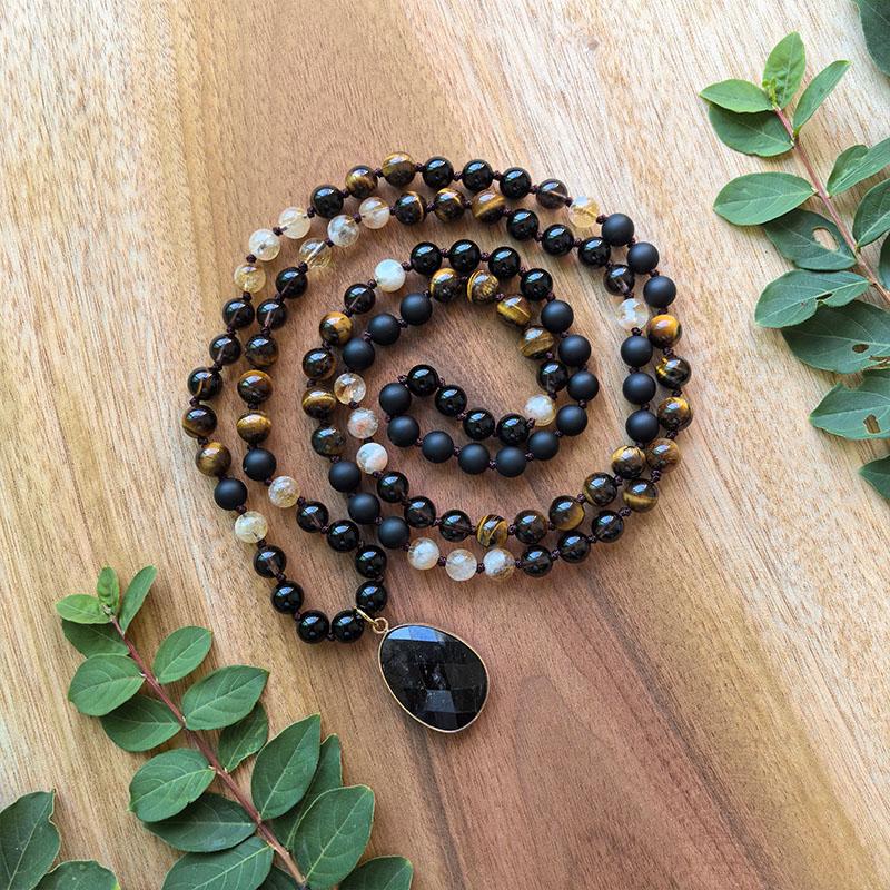 Black Onyx,Smokey Quartz,Citrine,Tiger s Eye Mala Necklace,108 Hand Knotted Meditation Necklace,Healing Crystals,Yoga Gift
