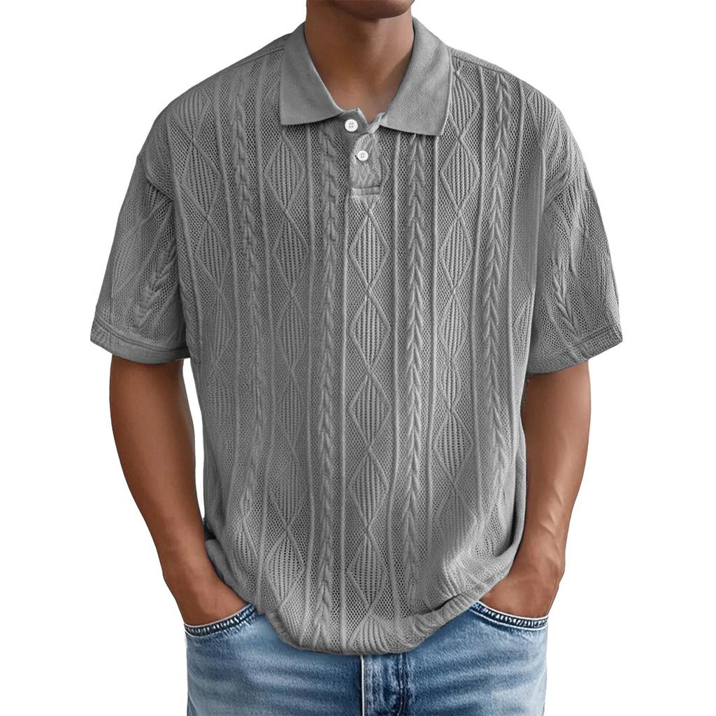 Casual  Shirts For Men Jacquared Texture Short Sleeve Tshirts Summer Loose Fit Breathable Outdoor Tops Plus Size