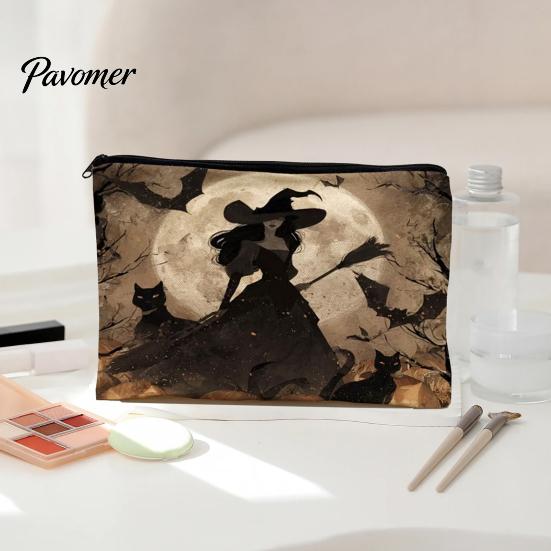 Wear-resistant Storage Bag Bag, with Smooth Zipper, Thickened Polyester Large Capacity Reusable Cosmetic Halloween Witch Pumpkin Pattern Printed Pouch