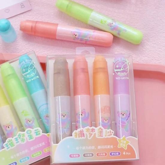 4Pcs Cute Bear Glitter Highlighter Set Large Capacity Pastel Markers for Journaling Notes Smooth Quick-Dry Fun School Supplies for Kids Students