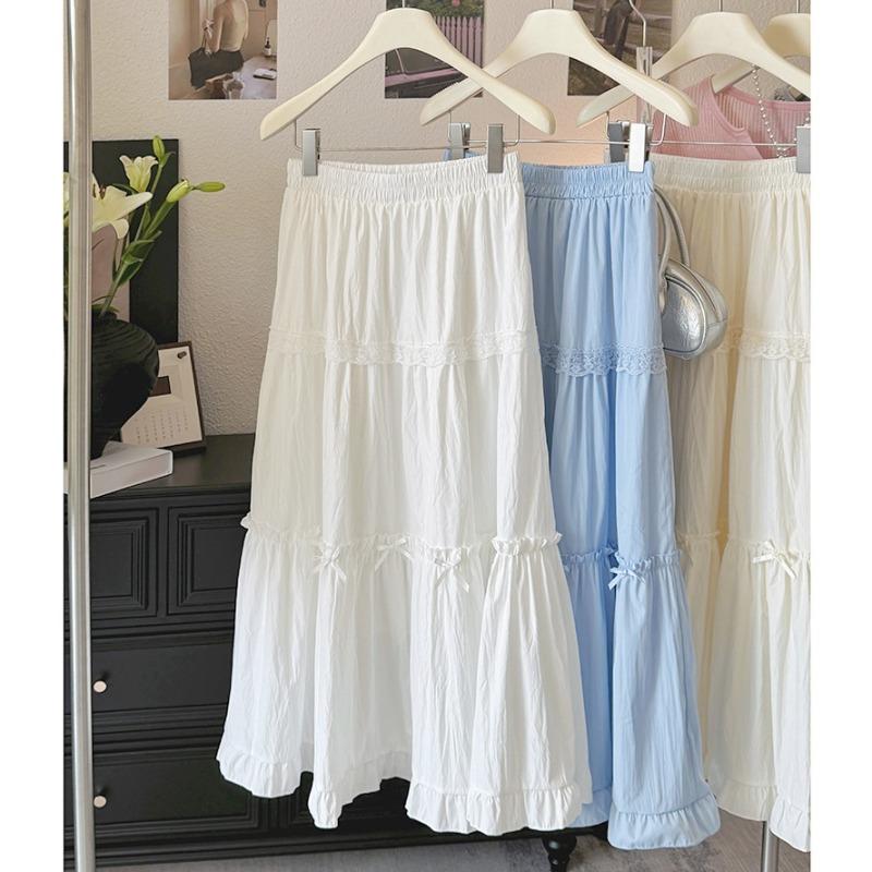 White cake skirt women's summer new j sweet bow high waist thin lace long skirt a word skirt umbrella skirt