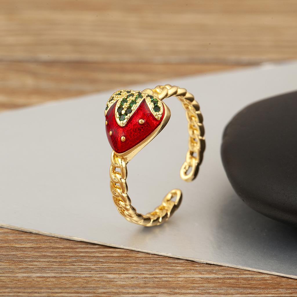 Nidin New Fashion Strawberry Shape Enamel Dripping Oil Open Rings For Women Female Inlaid Green Zircon Adjustable Finger Jewelry