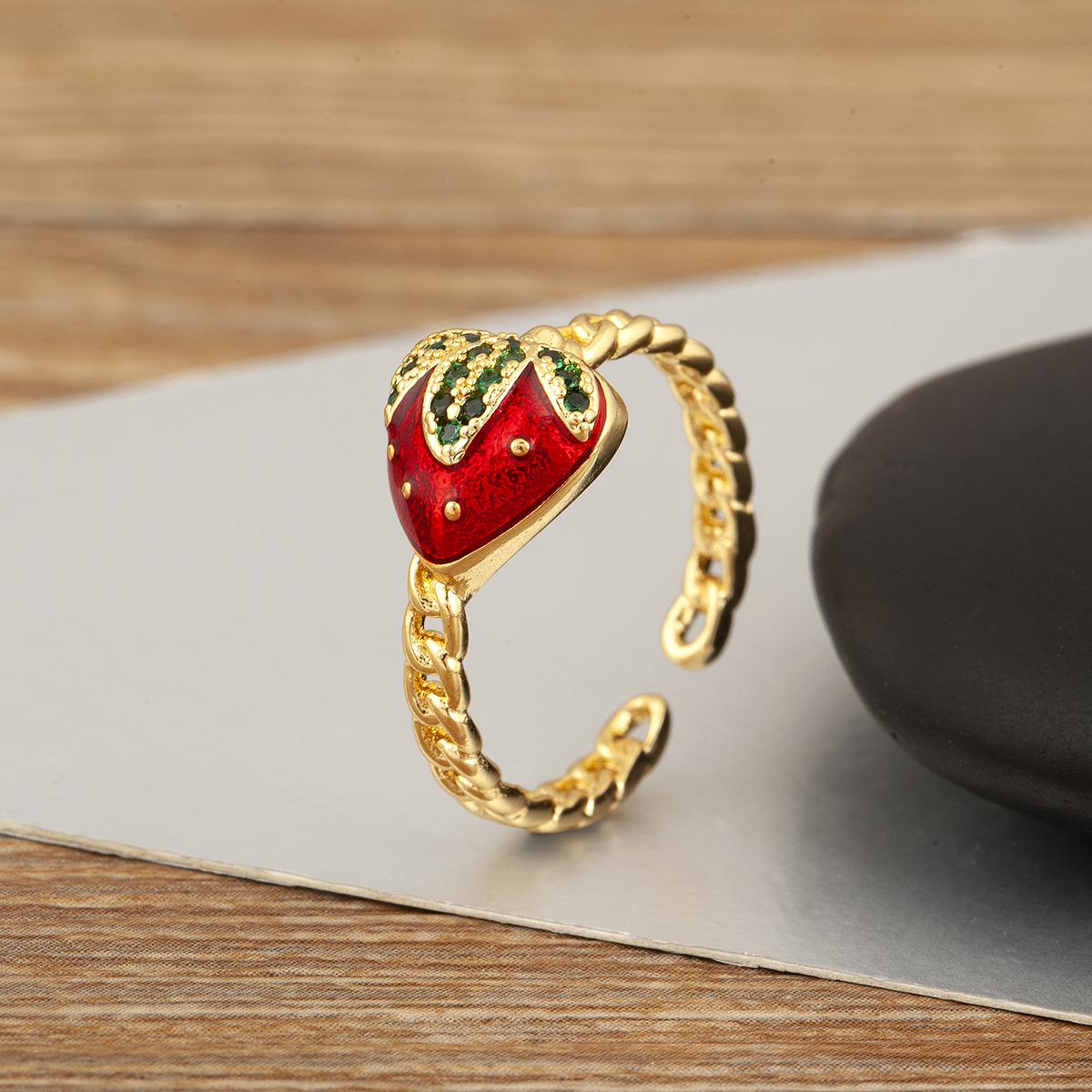 

Nidin New Fashion Strawberry Shape Enamel Dripping Oil Open Rings For Women Female Inlaid Green Zircon Adjustable Finger Jewelry resizable