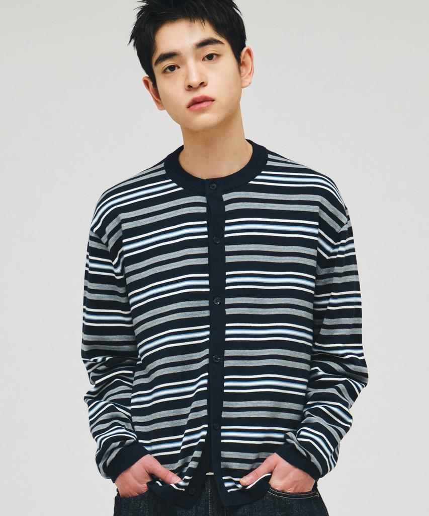 ECORR Washable Cotton Striped Crop Cardigan_Navy
