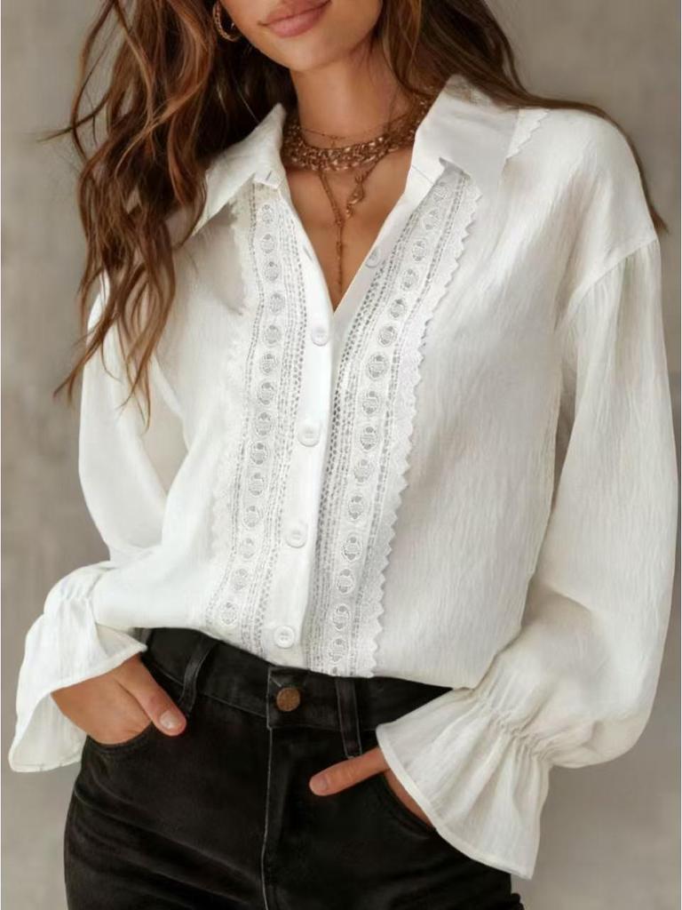 Camisa Versátil de Color Sólido con Botones, Encaje, Manga Larga y Solapa para Mujer 2026