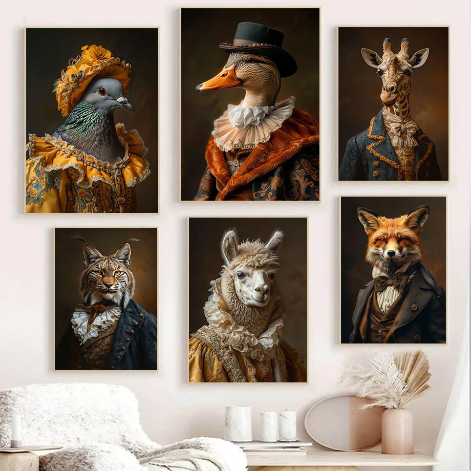 Victorian Style Animal Portraits Wolf Brown Bear Fox Flamingos Retro Poster Canvas Paintings Wall Art Pictures Home Decor