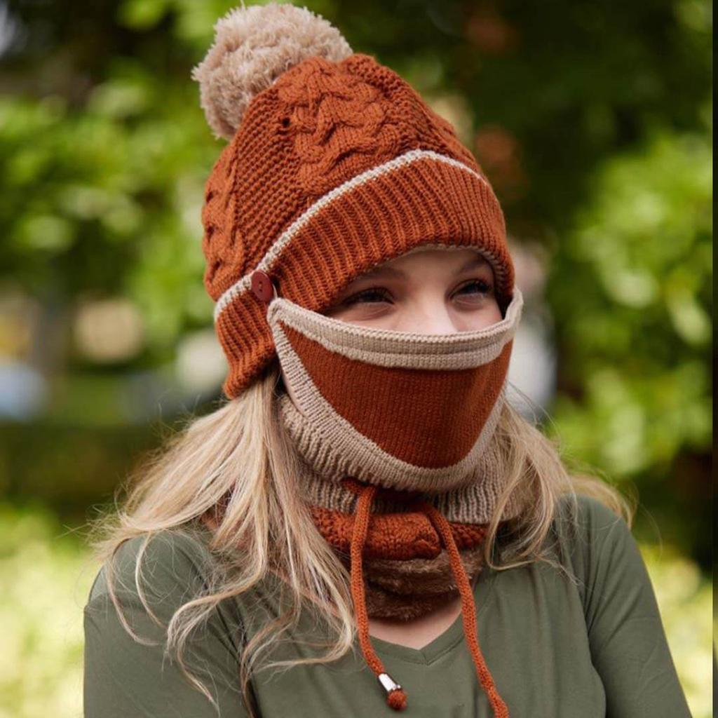Ladies Fashion Winter Warm And Windproof Hat Scarf Mask Outdoor Three-piece Suit