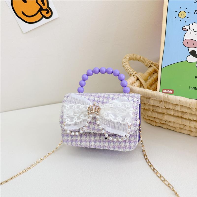 Adorable Girl's Bowknot Coin Purse Charming Pearl Handbag Trendy Chain Shoulder Bag