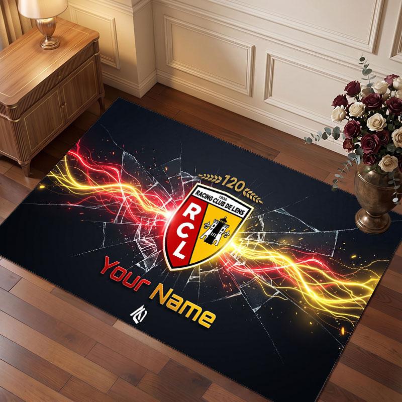 Racing Club de Lens Benutzerdefinierter Kristall-Samtteppich, Personalisierter Namens-Textdruck, Fußball-Logo Weiche Rutschfeste Fußmatte Heimdekoration Geschenk