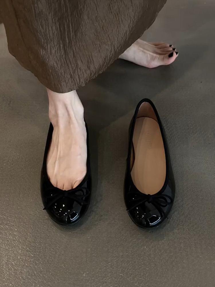 Cowhide model~ leather round head bow flat-bottomed French retro ballet shoes women's one-pedal commuter single shoes ladyshoes