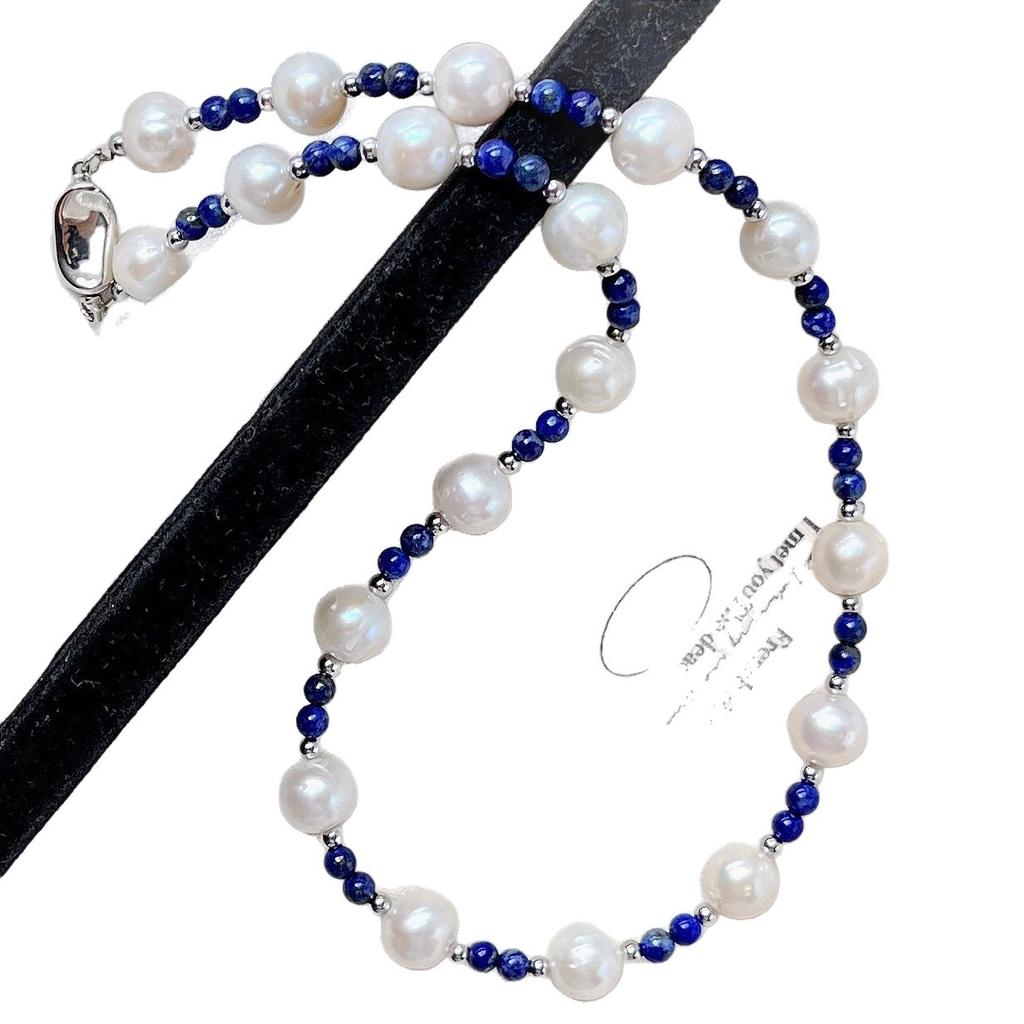 Wind Retro Natural Freshwater Pearl Lapis Lazuli Design Sense Collarbone Chain Necklace Neck Chain