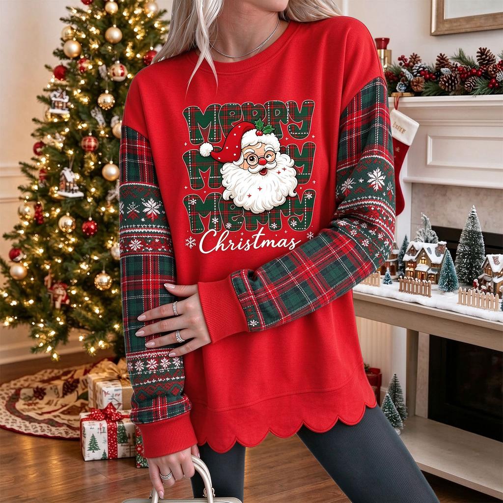 Women's Loose Drop Shoulder Long Sleeve Christmas Print Sweatshirt with Scalloped Wavy Hem Crewneck Pullover